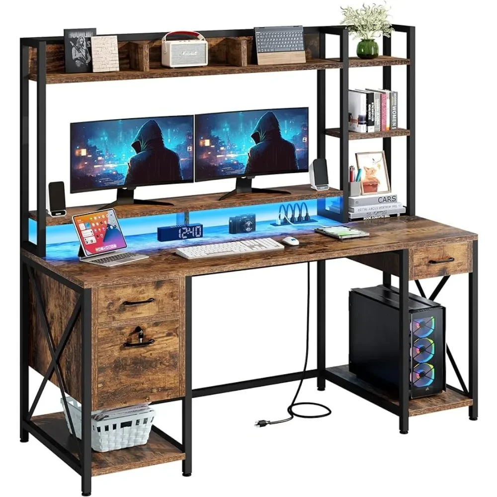 

Computer Desk with Drawers & Power Outlets, Letter/A4 File Drawers with Lock, 59.1" Home Office Desk