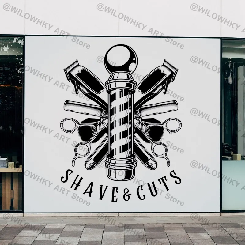 Barber Pole Vinyl Wall Sticker Scissors Razor Hair Salon Barber Shop Logo Door Window Wall Art Home Decor Sticker Mural Gift