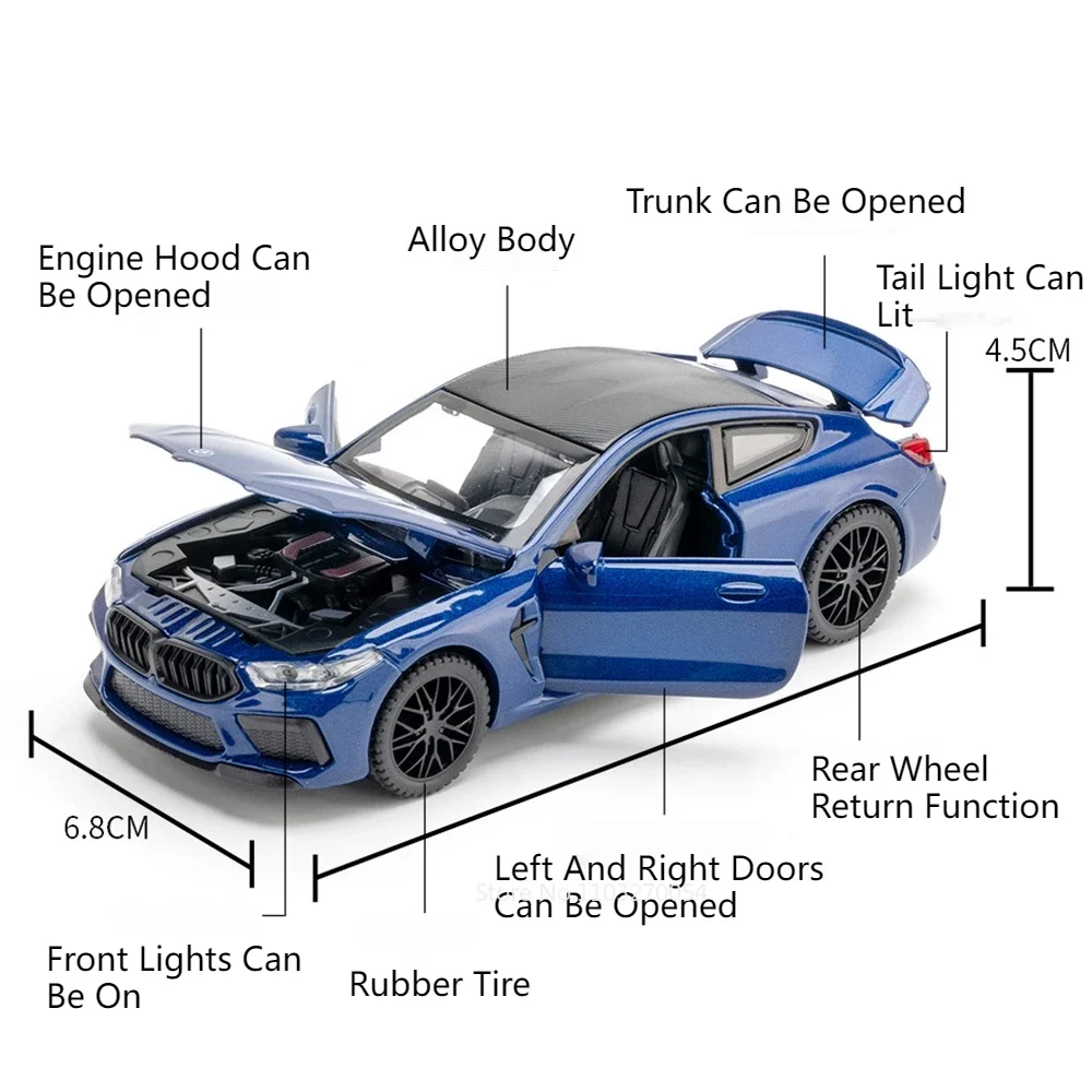 1:32 BMW M8 Alloy Diecast Toys Miniature Car Model Sports Cars 4 Doors Opened Sound Light Pull Back Vehicles Kids Festival Gifts