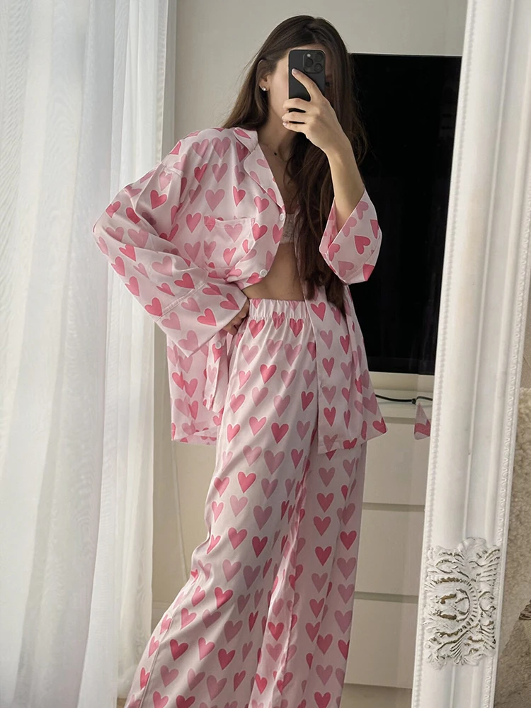 HiLoc Elegant Pink Satin Heart Print Pants Sets For Women Pajamas 2 Pieces Summer Pockets Loose Shirts Sleepwears Straight Pants