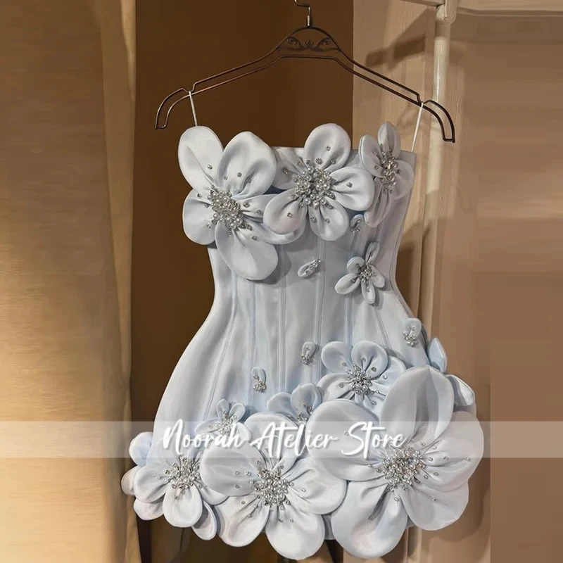 

Pretty Girls 3d Flora Beaded Short Prom Dresses Pearls Strapless Above Knee Mini Evening Gowns Cocktail Party Dress Customized