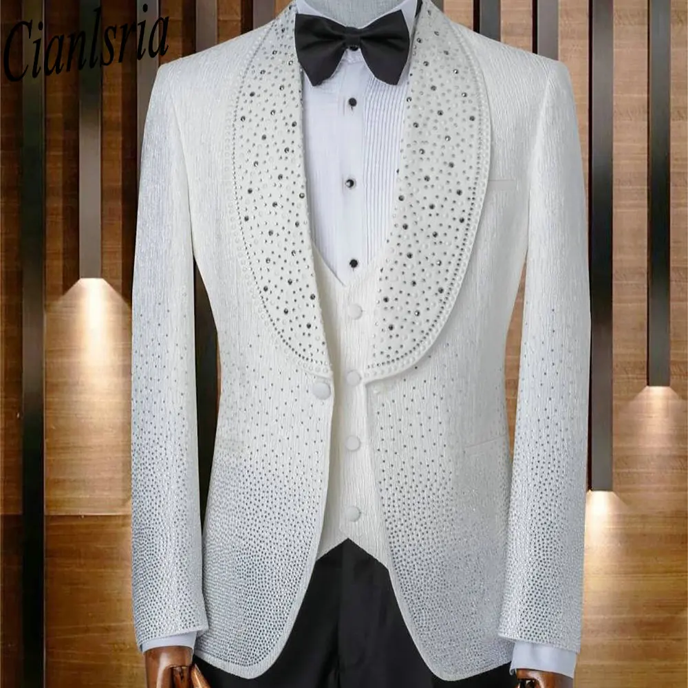 White Jacquard Suit Sets For Men Wedding Banquet Grooms Handmade Crystal Outfits Classic Male Double Breasted Blazer Pants 2 Pcs