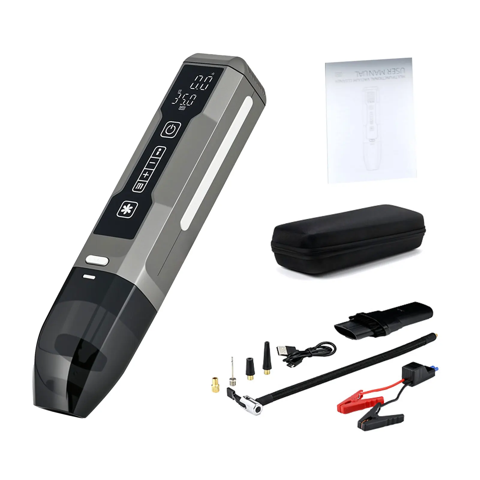 Car Air Pump Jump Starter with Vacuum Cleaner Tire Inflator LED Light Tire Pressure Gauge for Car Motorcycle Bike Ball EVA Bag