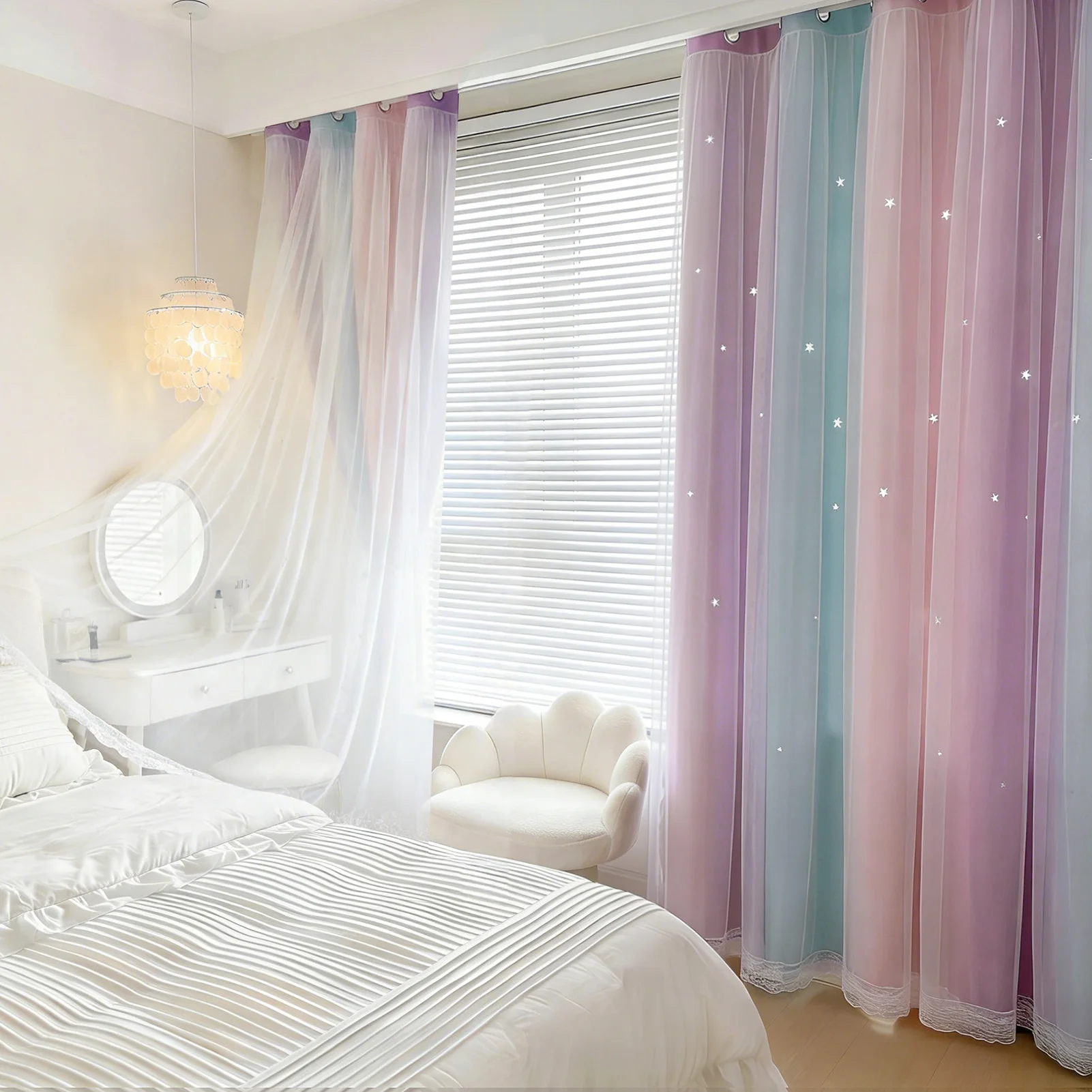 Kids Colorful Rainbow Curtains For Bedroom Hollow Out Twinkle Star Curtains For Girls Antique Grommet Top Window Decor