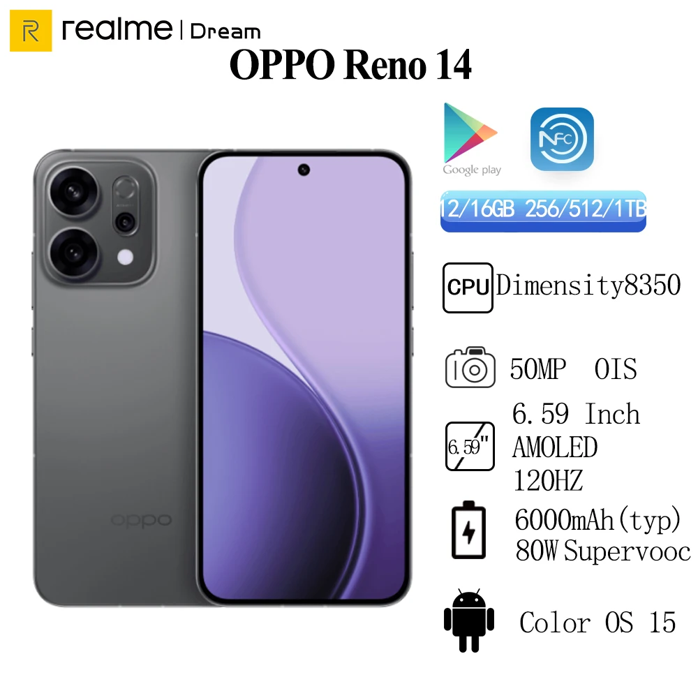 كاميرا خلفية جديدة OPPO Reno 14 50MP OTA NFC IP68 IP69 الأبعاد 8350 6.59 "AMOLED 120 هرتز 6000 مللي أمبير 80 وات SuperVOOC