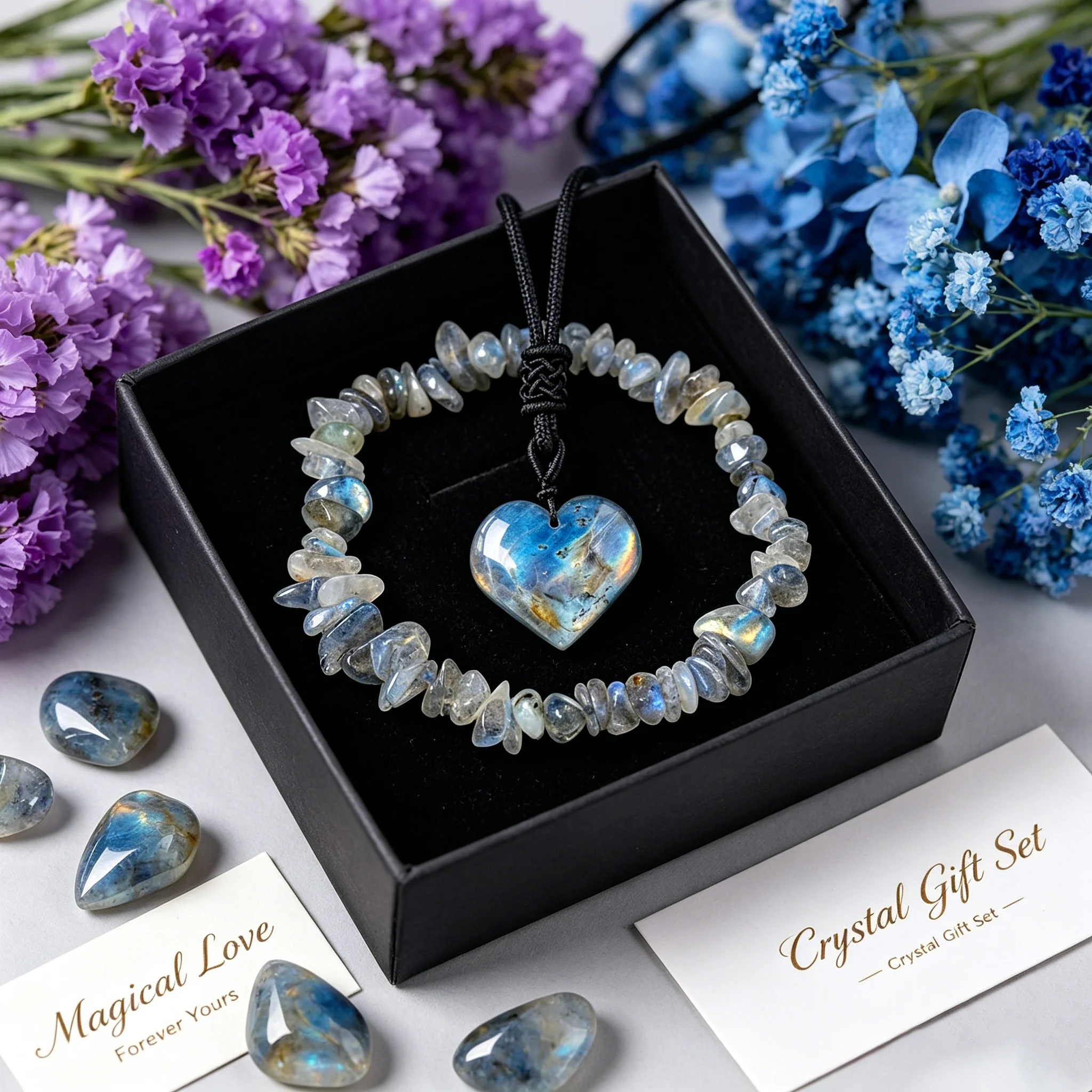 Natural Labradorite Heart Pendant Necklace Irregular Chip Beads Bracelet Set Healing Crystal Spiritual Jewelry Valentine Gift