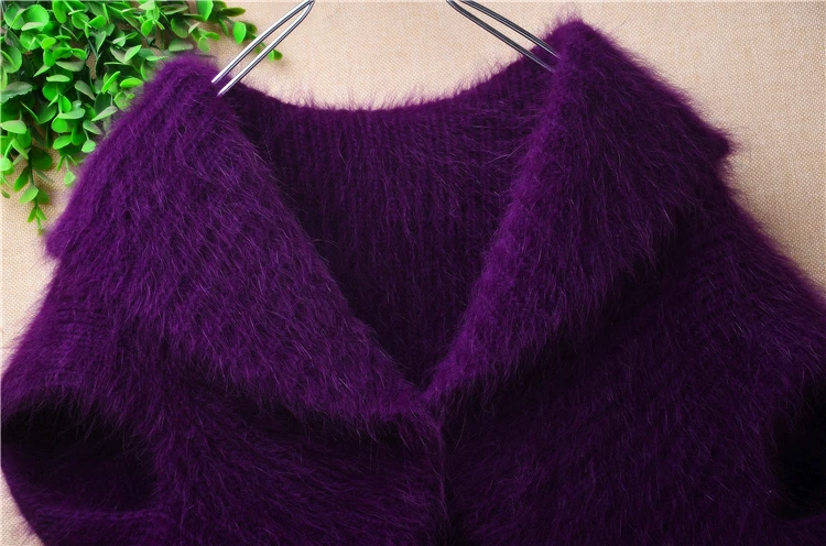 Ladies Women Fall Winter Purple Hairy Mink Cashmere Knitted TUrn-Down Neck Cropped Top Short Cloack Jacket Sweater Mantle Pull