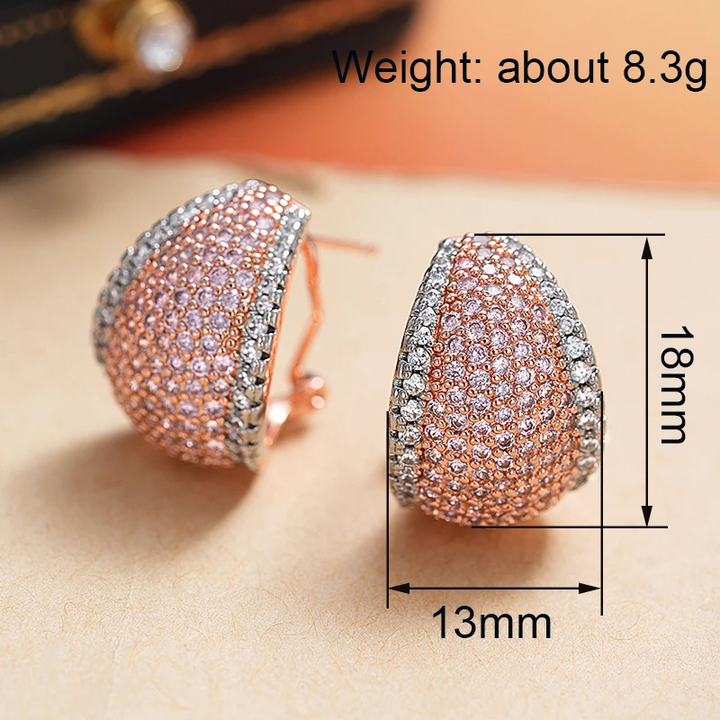 Huitan Zweifarbige Damen-Ohrstecker mit eingelegtem leuchtend rosa CZ, modische Accessoires für Party, Hochzeit, vielseitiger, alltäglicher, ausgefallener Schmuck – Detail 7
