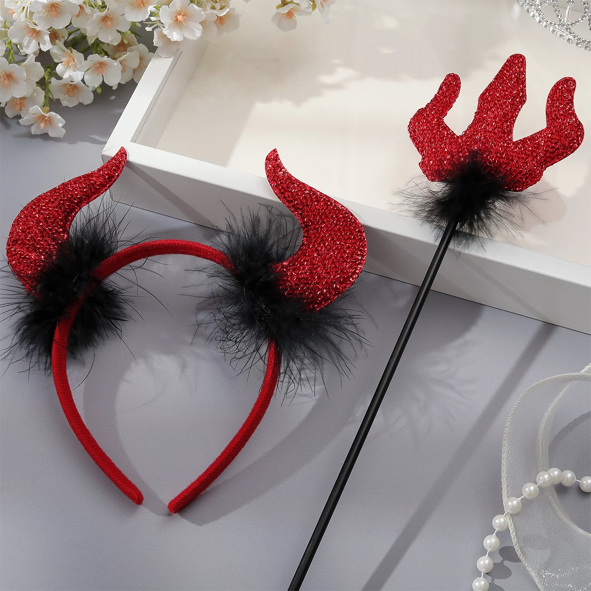 Cosplay party costume props Devil Trident magic wand horn hairband fairy wand 1 set of 2 pieces.