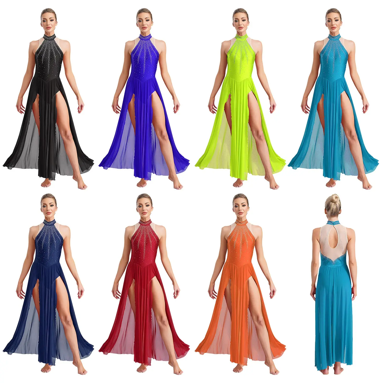 Robe de danse lyrique pour femmes, Costume de spectacle contemporain moderne, robe Maxi fendue avec strass, vêtements de danse pour patinage artistique sur glace