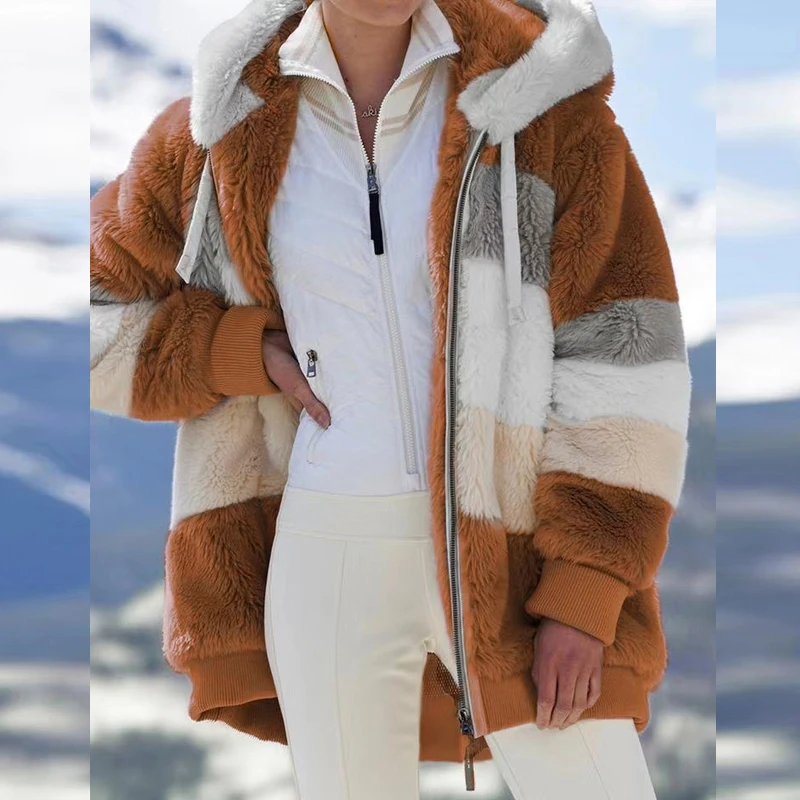 Winter Women's Coat Casual Sport Hooded Jacket Windbreaker Faux Fur Coat Zipper Thermal Jacket Plus Size Overcoat Ladies Clothes