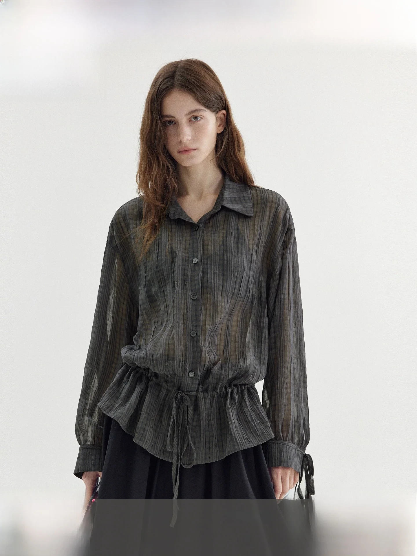 

Fano Women's Plaid Shirt Loose Shoulder Sleeve Drawstring Spring New Style Comfortable Loose Fit Long Sleeve Breathable