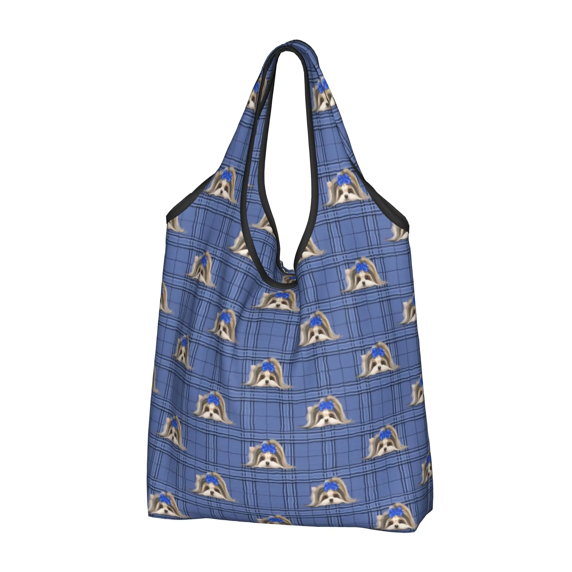 Yorke Dog Yorkshire Terrier Yorkie Plaid Blue  Grocery Shopping Bags Funny Shopper Shoulder Tote Bag Big Capacity  Handbag