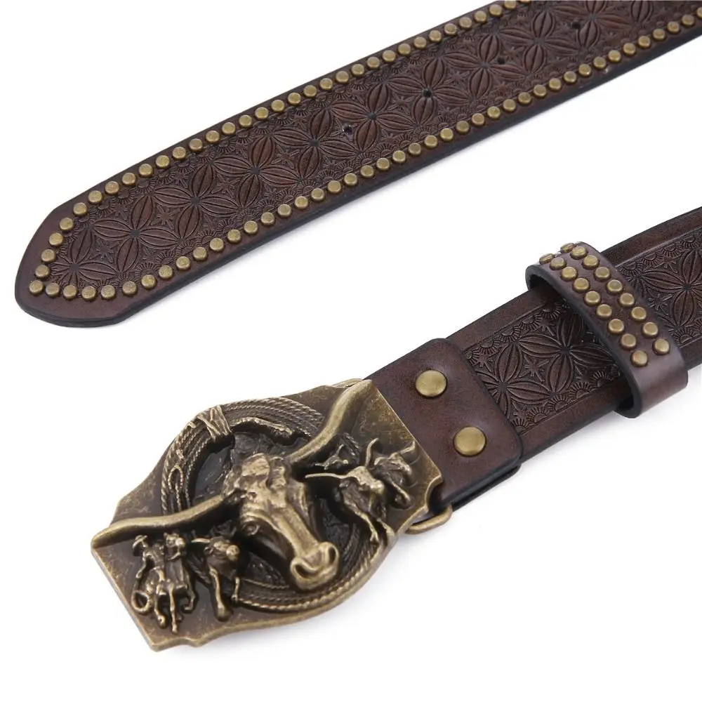 Vintage Western Cowboy PU Leather Belt Man Vintage Ox Head Buckle Embossed Belt Luxury Design Business Casual Belt