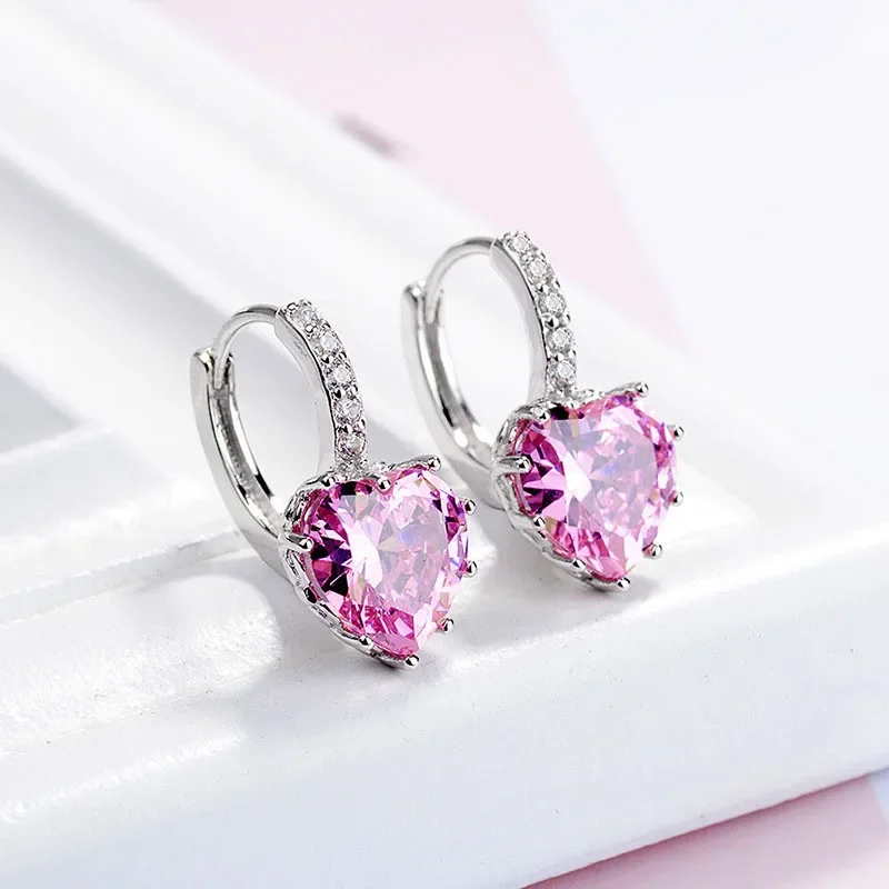 Fashion Statement Bijoux 9 Color Cute Romantic  925 Sterling Silver Crystal Love Heart Stud Earrings For Women Wedding Earring