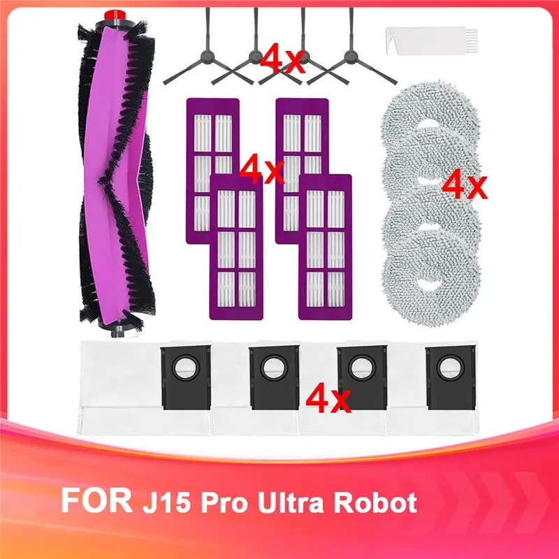 

Запасные части B62B для робота-пылесоса Eureka J15 Pro Ultra: основная роликовая щетка, боковые щетки, HEPA-фильтры.