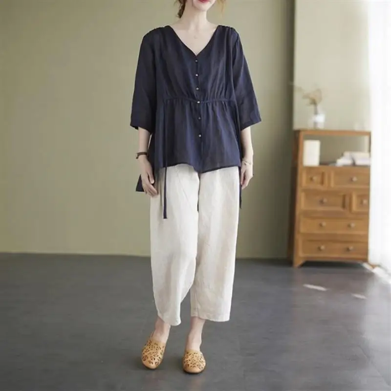 

Cotton Linen Women Fashion Loose Two Piece Summer Casual Shirt Set