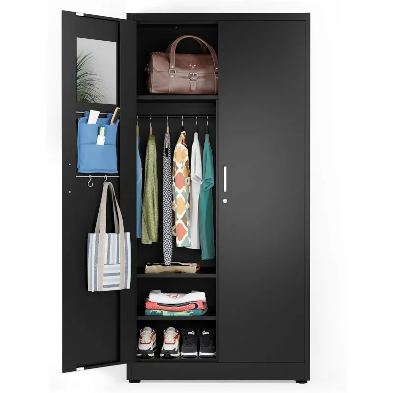 Metal Storage Cabinet Wardrobe - Metal Storage Locker Removable Hanging Rods, Mirror & Accessories (Black),home.