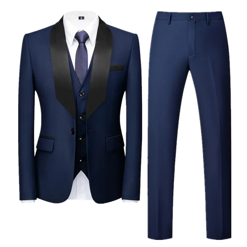 New Men Pure Colour Formal Wedding Suit 3 Piece Black / Blue / Dark Grey Fashion Simple Male Business Social Tuxedo Dress Set