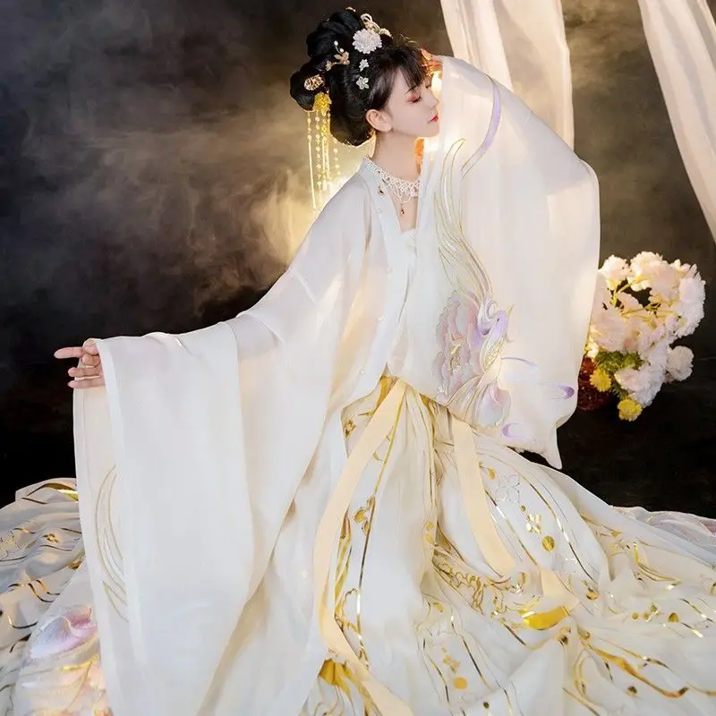 Chinese Traditional Tang Style Hanfu White Hezi Skirt With Large Sleeves Chinese Style Cosplay Costume