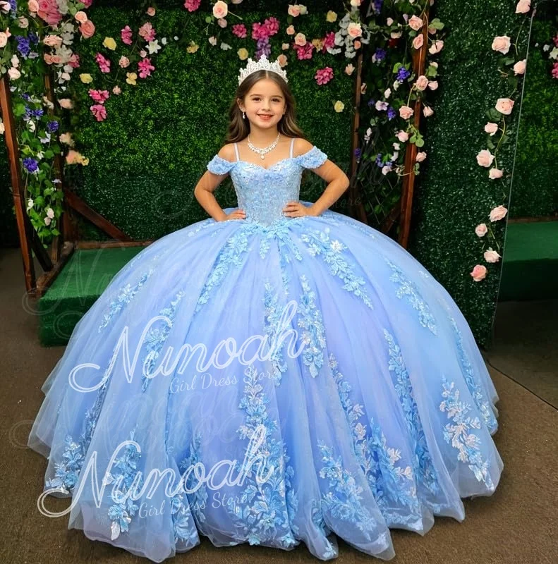 Luxury Blue Flower Girl Dresses for Wedding Lace Appliques Kids Birthday Party with Trail Bow First Communion Gowns Customized