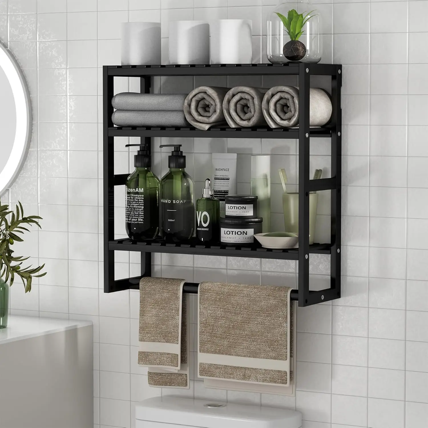 

Adjustable Bamboo Towel Rack Over Toilet with Shelf, Black Floating Storage for Small Bathroom Kitchen
