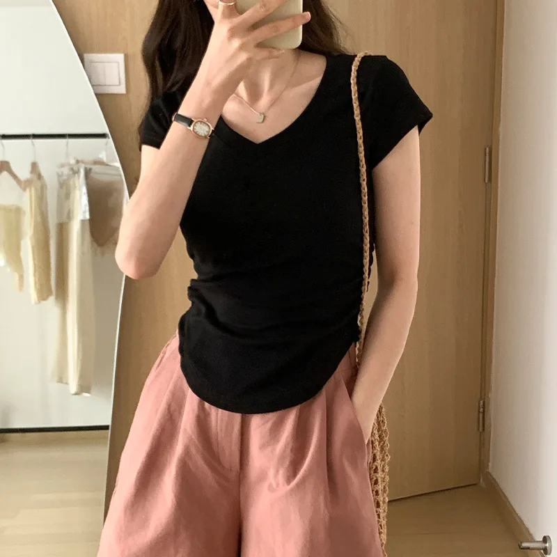 Summer women's T-shirt; women's basic short-sleeved shirt; slim-fit top; women's casual short-slee T-shirt with irregular V-neck