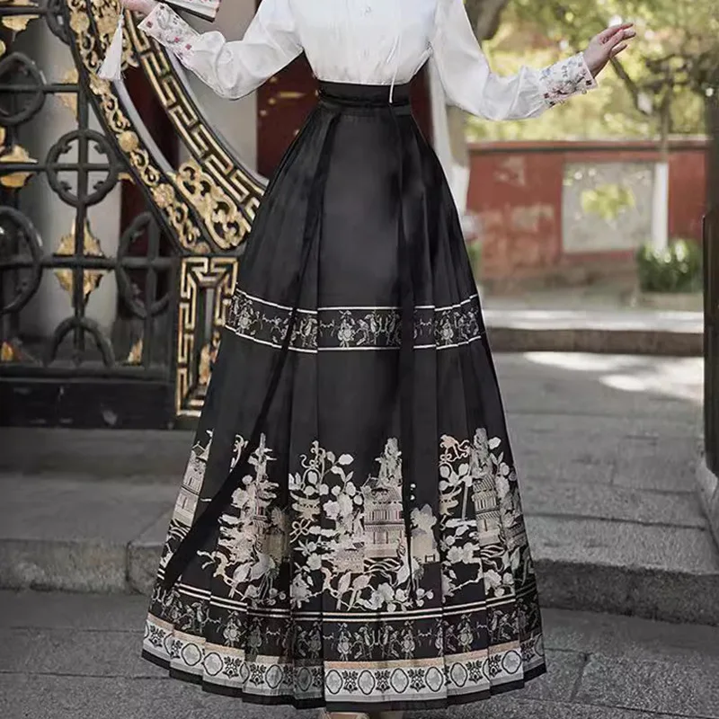 Spring Summer Printed Horse Face Skirt Women's High Waist Classical A-Line Skirts Traditional New Chinese Hanfu Mamianqun Dress