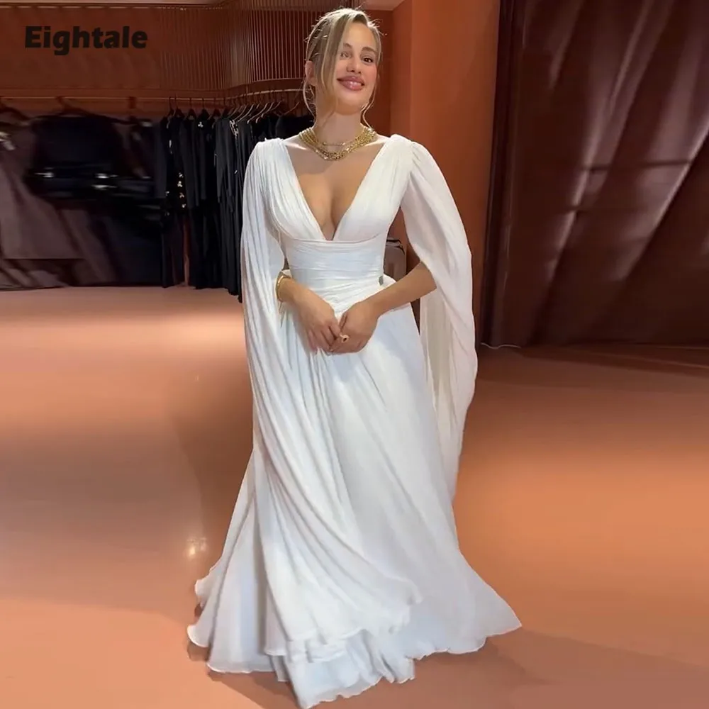 

Eightale Arabic Wedding Dress Customized Ivory V-Neck Sexy A-Line Bridal Gown Muslim Floor Length Bride Party Dress