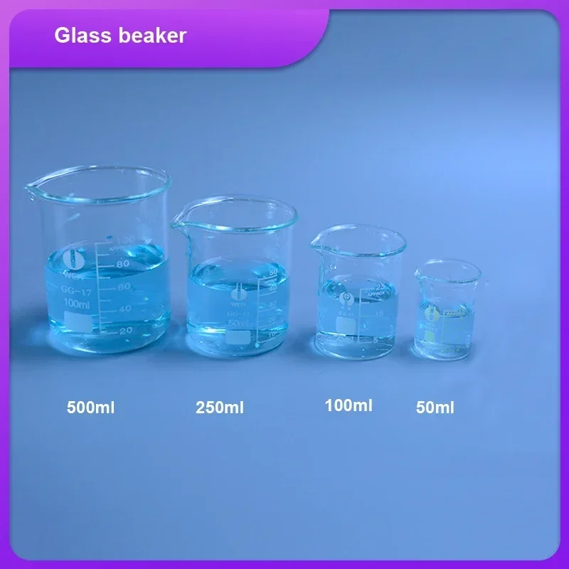Copo de vidro 4 tamanhos 50/100/250/500ml para testes de laboratório, copo de medição, produtos vidreiros volumétricos para experimentos de laboratório