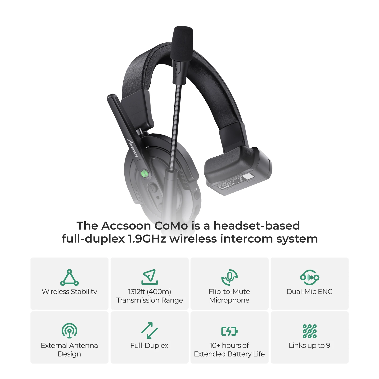 Accsoon COMO Full-Duplex Single-Ear 400m Wireless Intercom Headset Microphone Communication System 1V4 With Battery for Studio