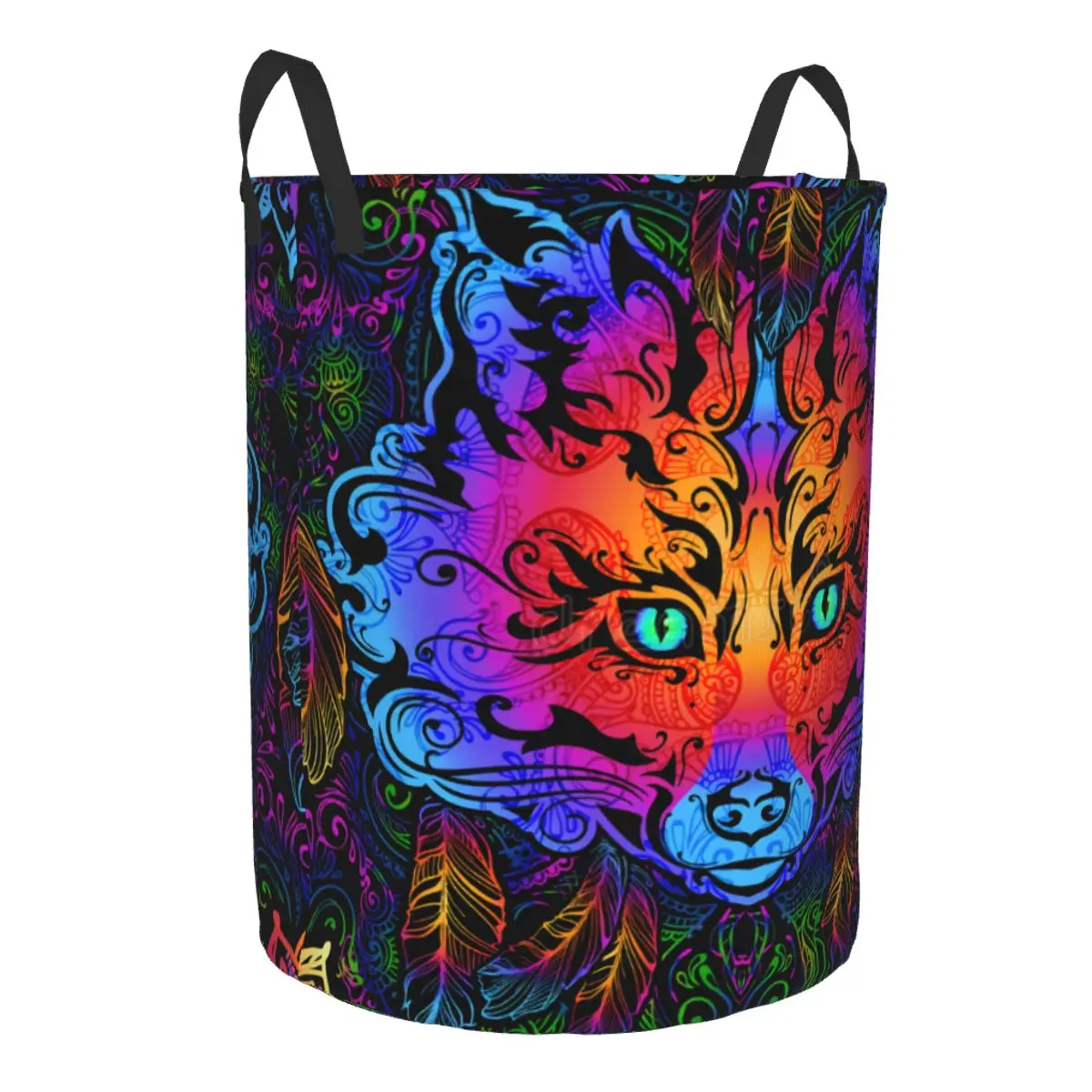 Folding Laundry Basket Psychedelic Mandala Fox Round Storage Bin Hamper Collapsible Clothes Bucket Organizer