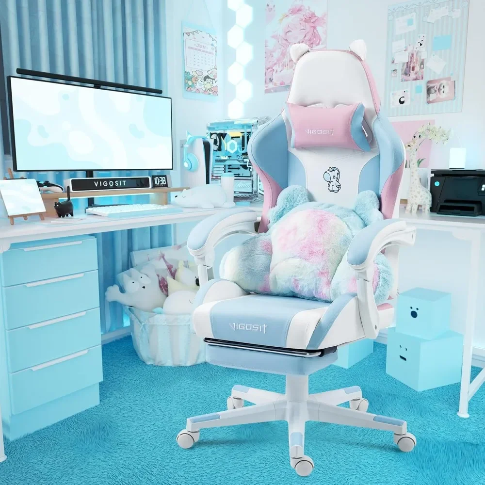 Cute Gaming Chair with Lumbar Cushion and Decorated Ears, Ergonomic Computer Chair with Footrest, Reclining PC Game Chair