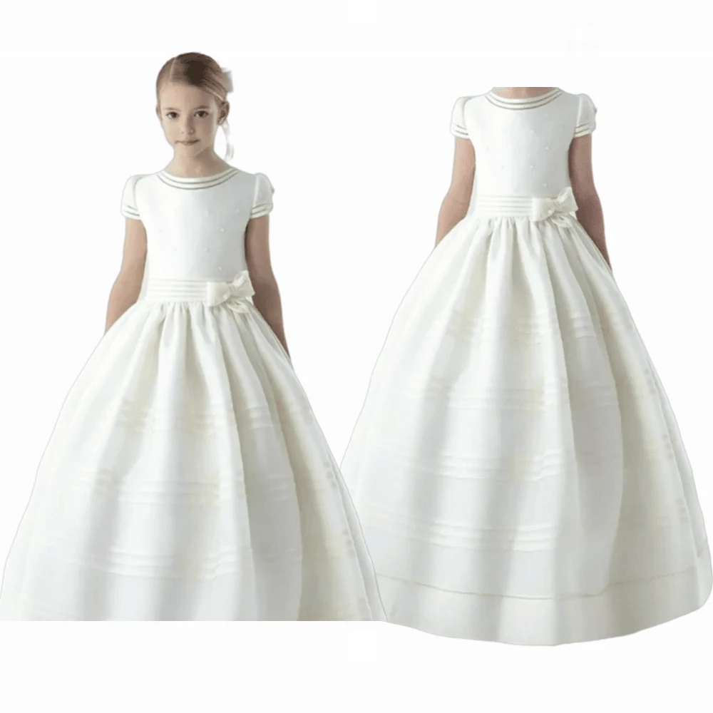 

Elegant White OR Lvory Flower Girl Dress Stain First Communion Dresses For Girls Short Sleeve Scoop Pearls for Weddings