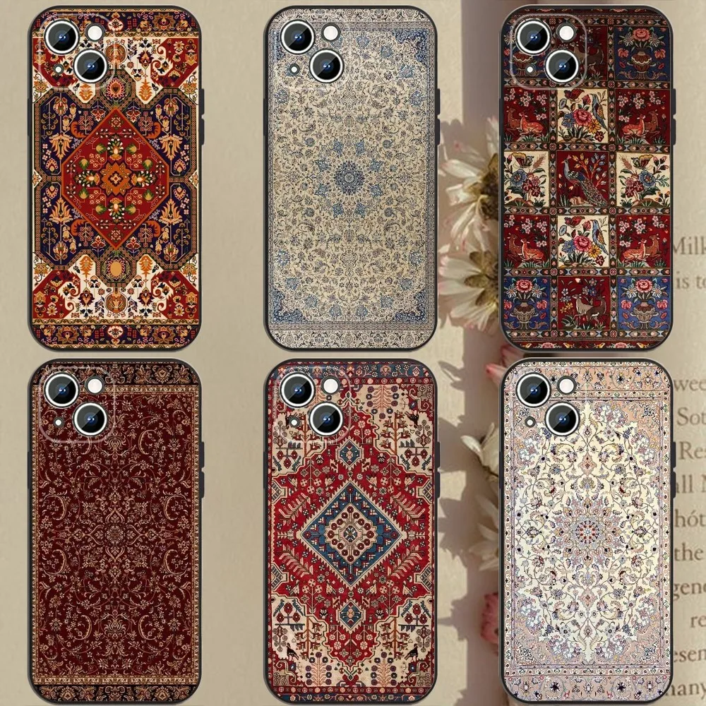 Persian Carpet Floral Pattern Phone Case For Apple iPhone 15,14,13,12,11,XS,XR,X,8,7,Pro,Max,Plus,mini Silicone Black Cover