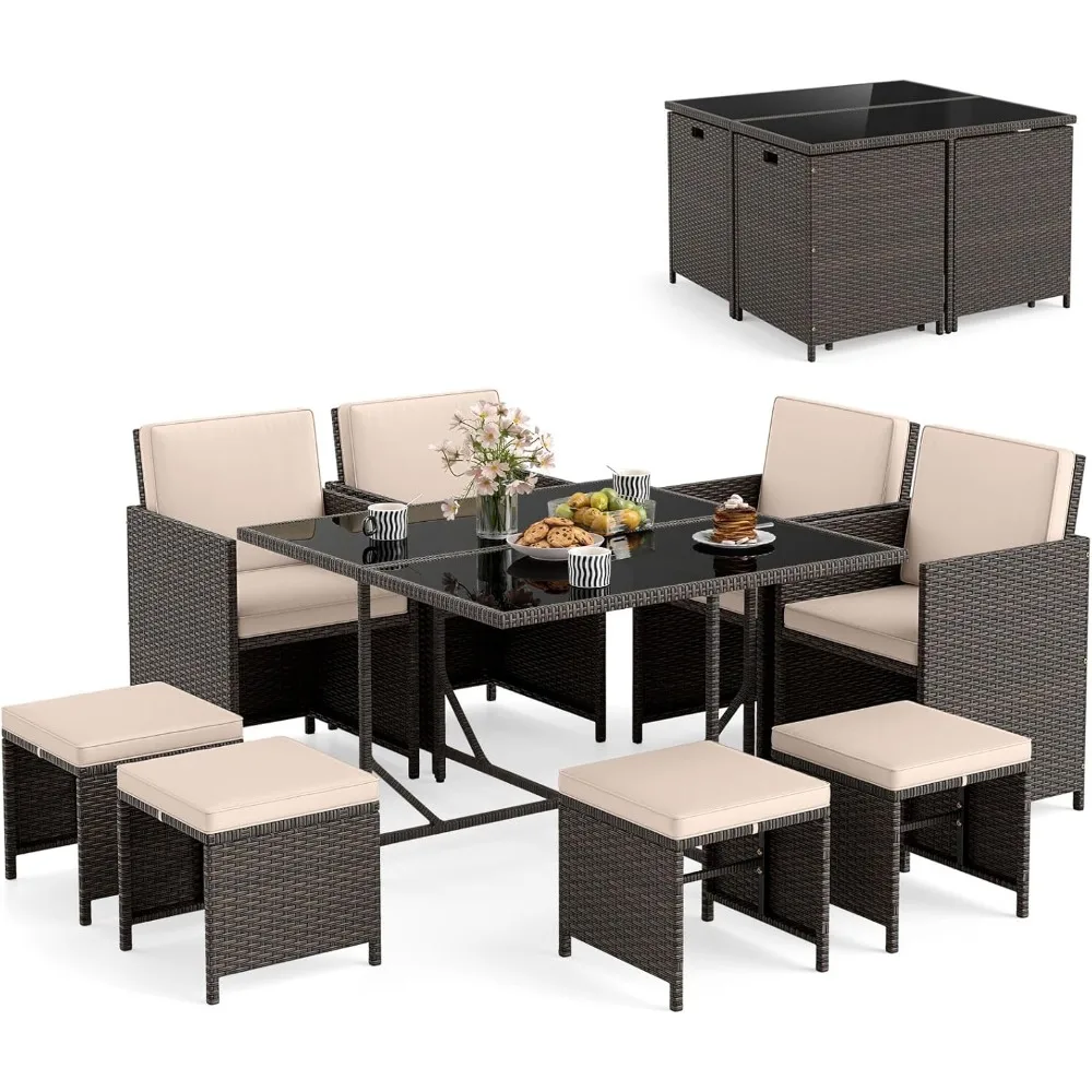 

9 Piece Patio Dining Set, Rattan Chairs with Tempered Glass Table & Ottoman, Space Saving Wicker Sectional Conversation Set wit