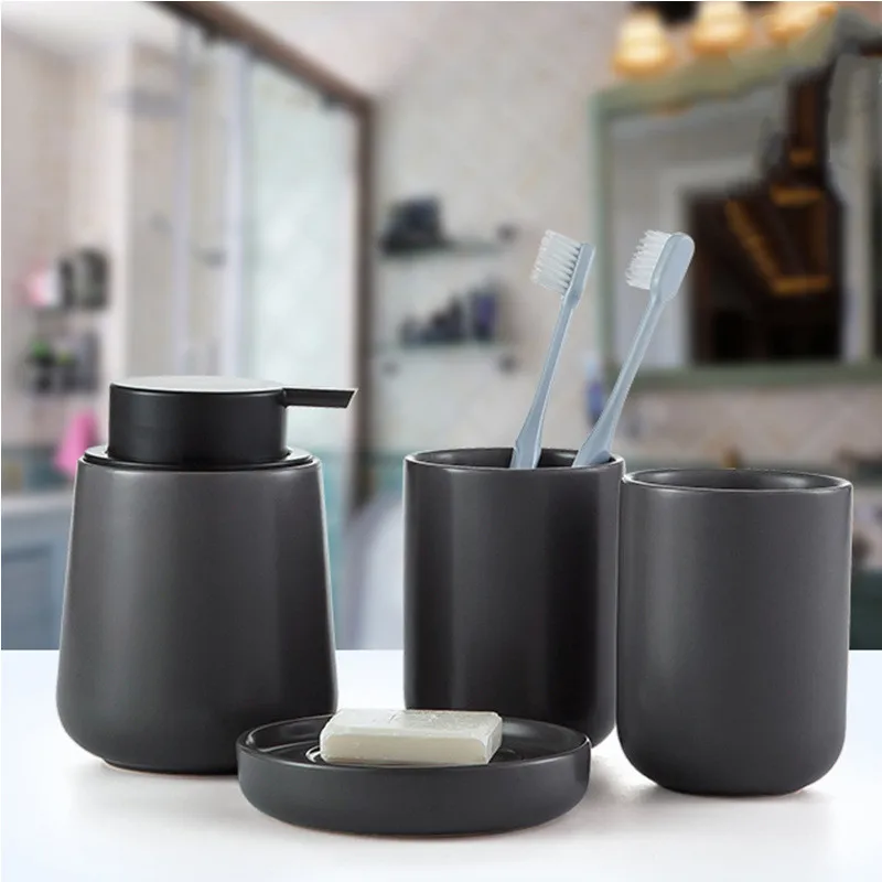 Black Ceramics Bathroom Supplies Toiletries Mouth Cup Soap Dish Lotion Bottle Decoration Accessories Four-piece Suit