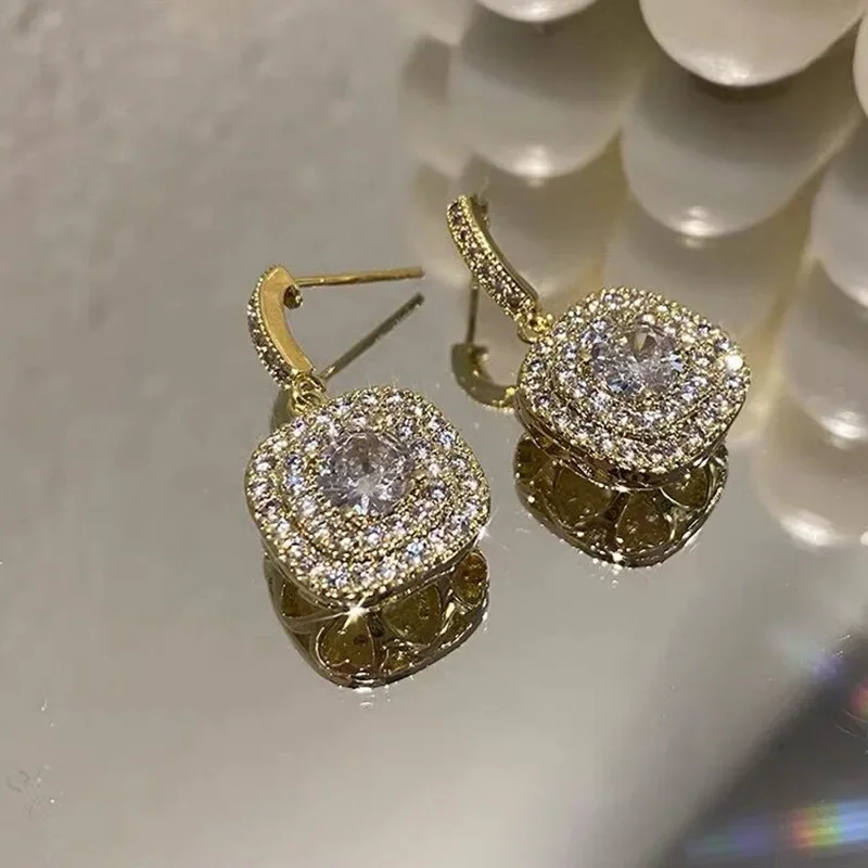 Hình Vuông Cổ Điển Zirconia Hình Giọt Nước Hoa Tai Nhỏ CZ Đá Vàng Vàng Màu Earings Cho Nữ DỰ TIỆC CƯỚI Trang Sức