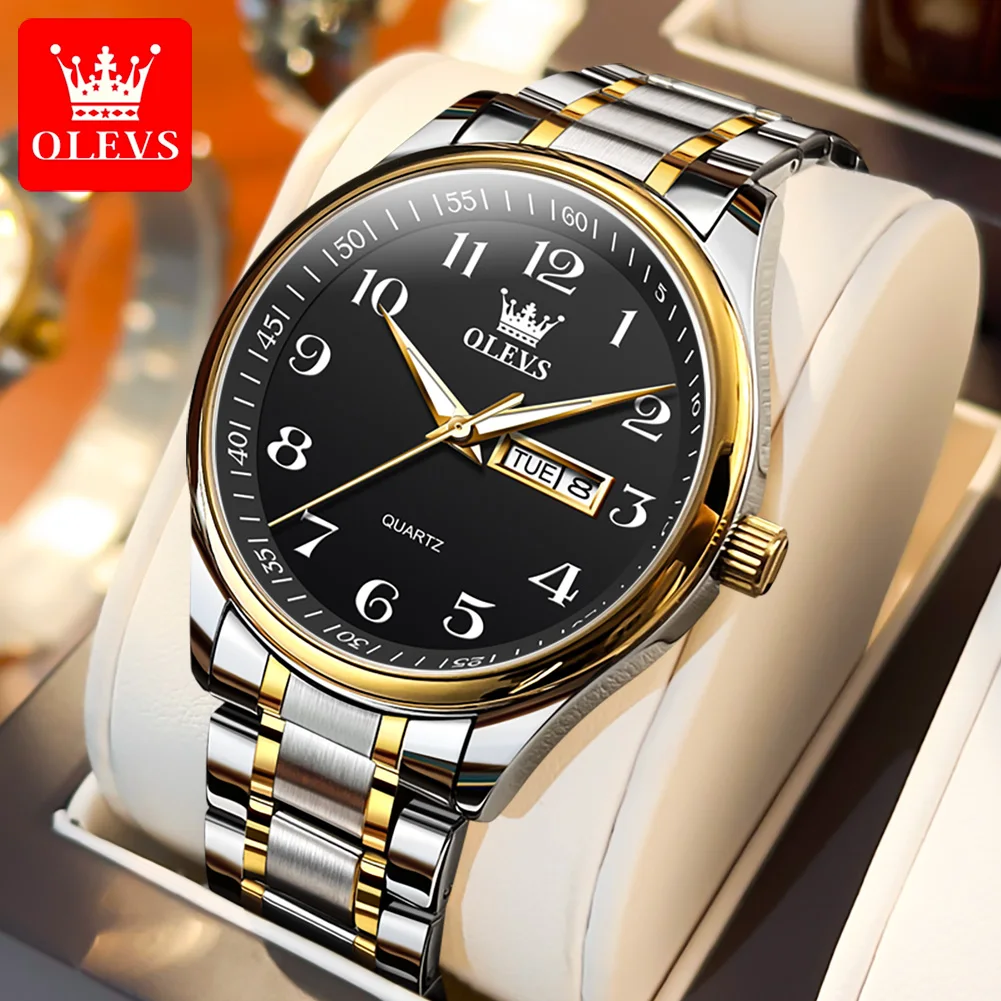 OLEVS Classic Bussiness Quartz Watch for Men Digital Dial Date Week Display Clock Luminous Waterproof Man Gold Wristwatches