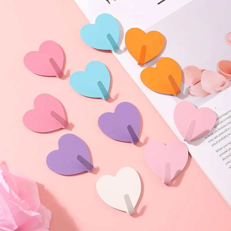 

50PCS Cute Self-adhesive Hook Heart Pink Love Hanging Hook Candy Color Peach Heart Stainless Steel Wall Hook Home Storage Hooks