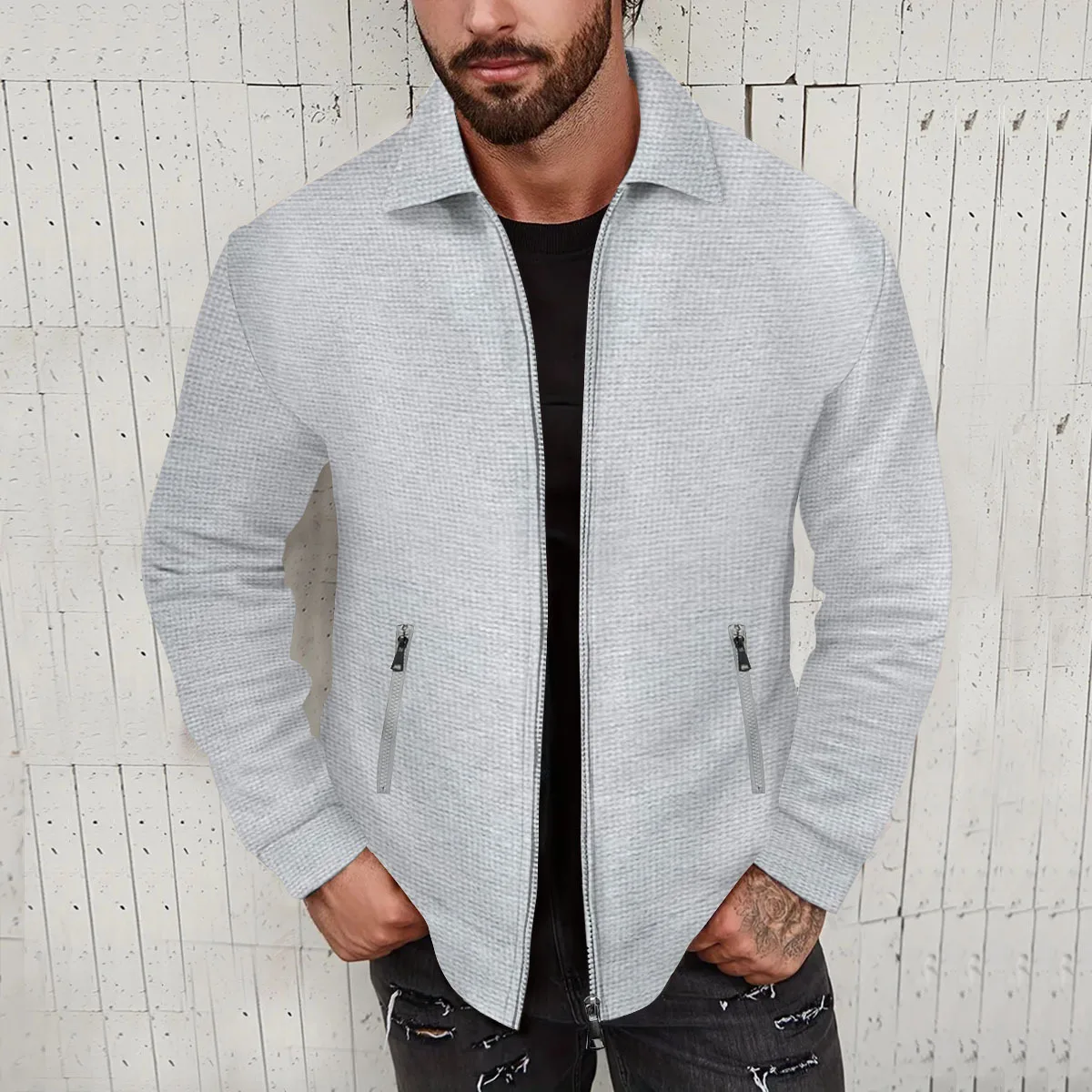 New Men's Slim Fit Jacket Solid Color Long Sleeve Zipper Cardigan Tops Spring Autumn Casual Polo Collar Waffle Jackets Coat 2024