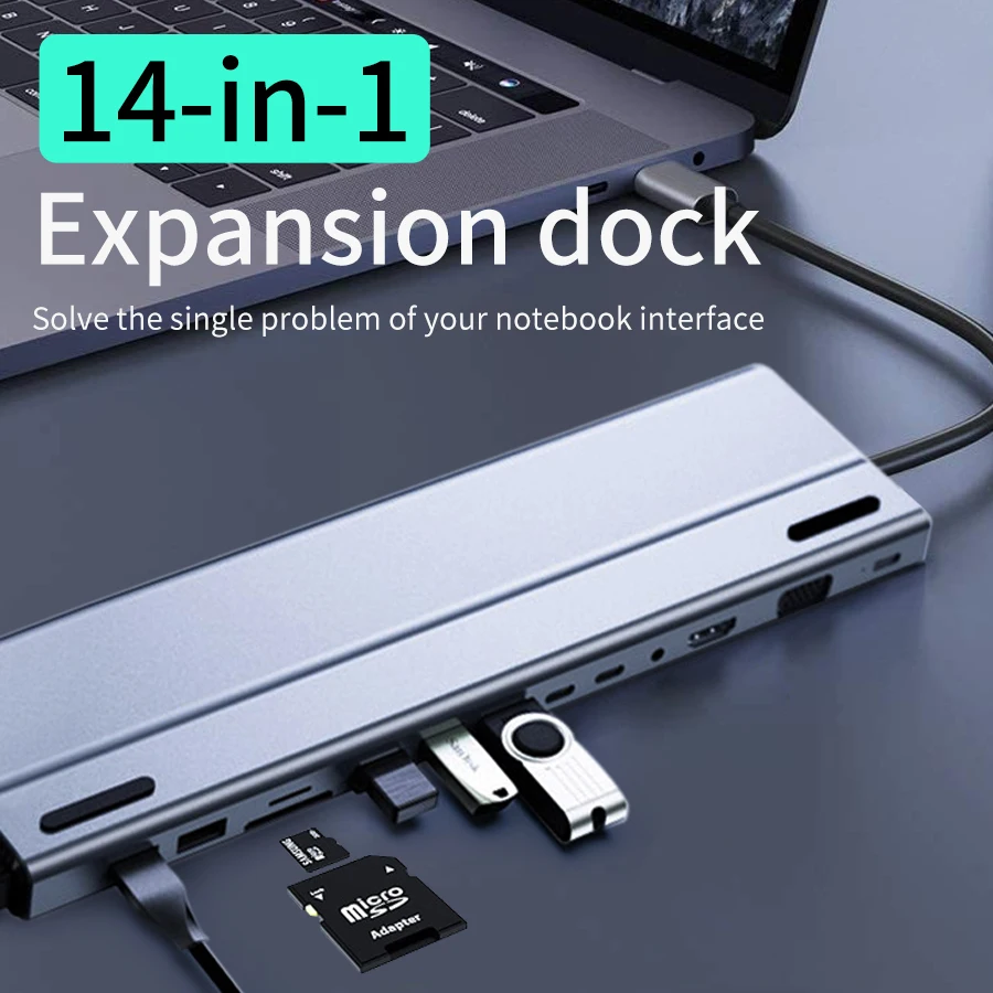 

Концентратор USB C 14 в 1 с портом HDMI RJ45 USB3.0 PD VGA TF/SD Card Reader Расширительная док-станция Аудио для ноутбука ПК
