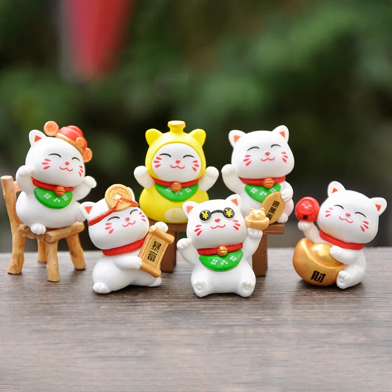 3/6Pcs Set Cartoon Maneki Neko Ornaments Animal Figurine Lucky Cat Pig Hedgehog Model Wealth Desktop Cute Kawaii Car Decor