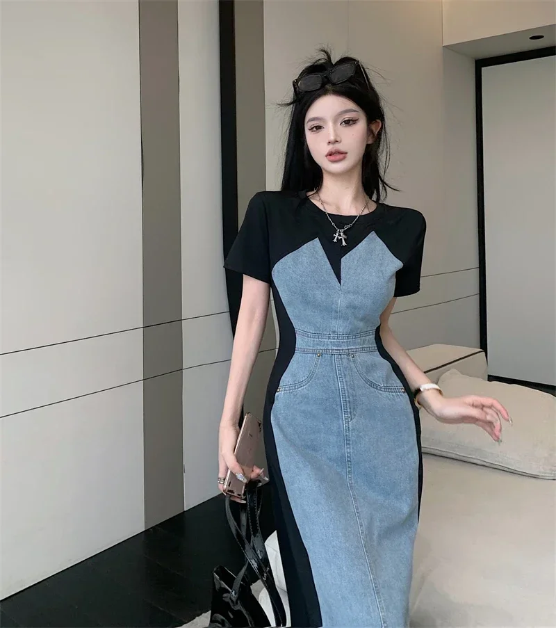 Fake Two Piece Denim Dress Vestidos De Mujer Short Sleee Summer  Y2k Casual Maxi es for Women Robe Femme Jeans