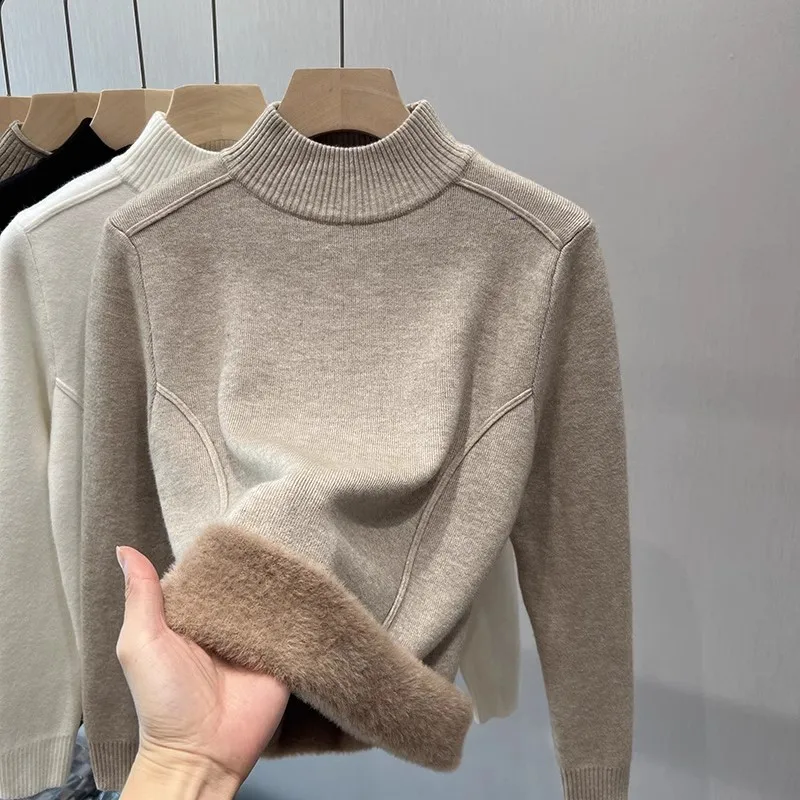 

Design Sense Fleece Semi-turtleneck Sweater Thickened Warm Foreign Style Integrated Fleece Bottoming Shirt
