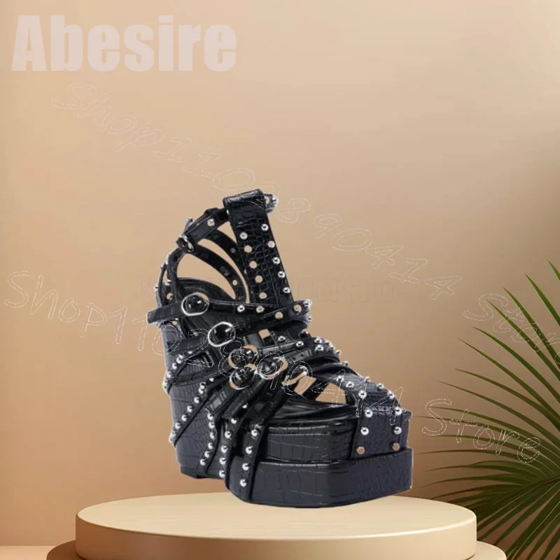 

Metal Rivets Black Wedges Heel Buckle Sandals Buckle Strap Women Shoes Sexy Fashion Party Feast Dating 2025 Zapatos Para Mujere
