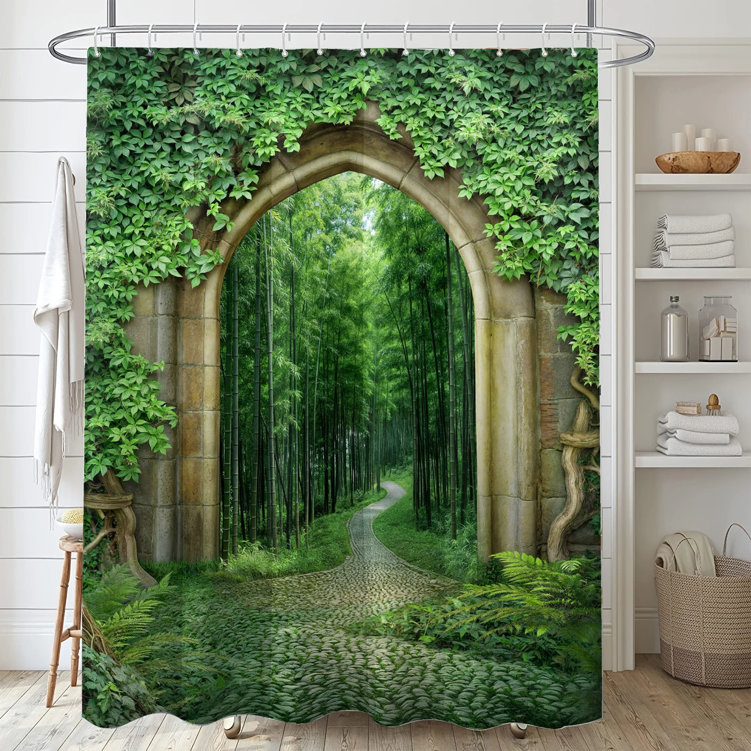 4-piece set of retro green plant door waterproof shower curtain with 12 hooks, waterproof printed curtain, bathroom floor mat