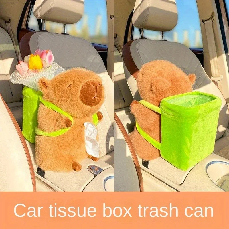 

1pc Multifunctional Car Trash Can, Tissue Box, Cartoon Plush Toy Doll Cute Capybara Design Car Interior Storage Accessories