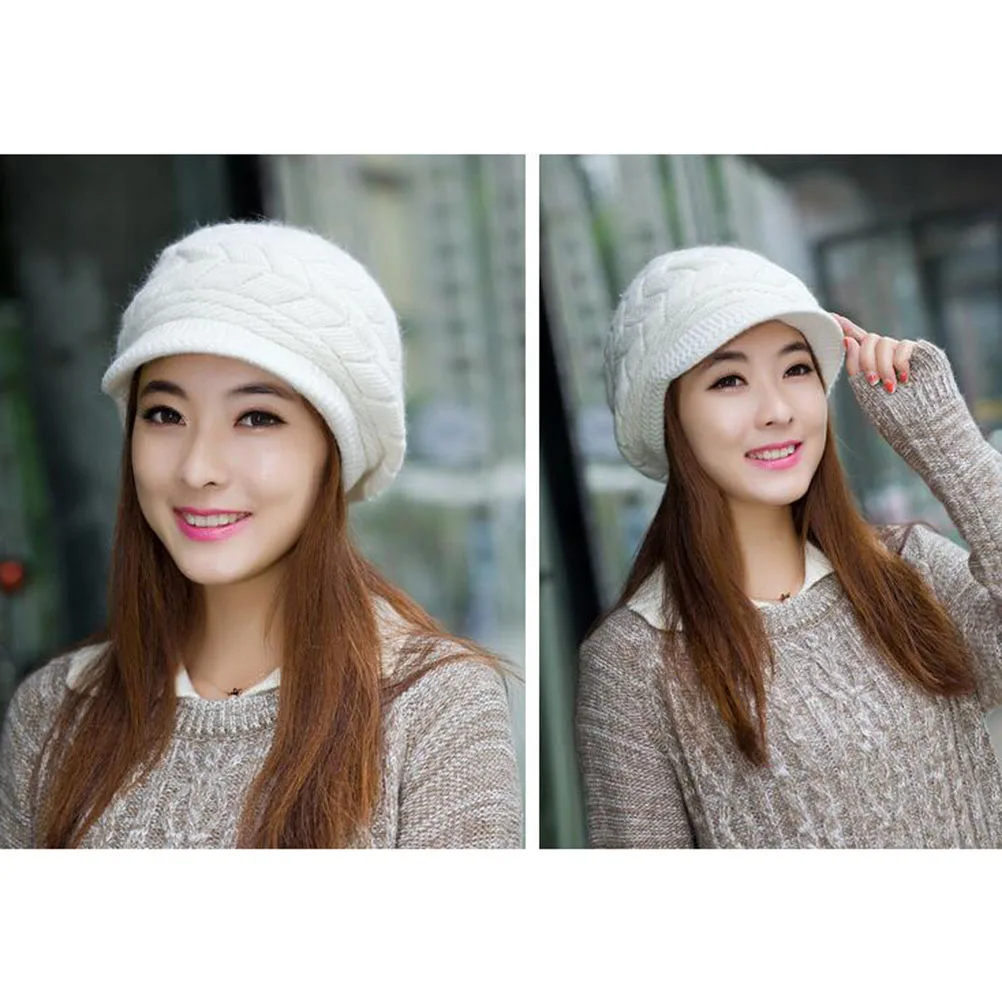 

White Wool Knit Beanie Hat For Women Winter Warm Cap Elastic Comfortable Fit Snow Ski Outdoor Ear Protection Hat