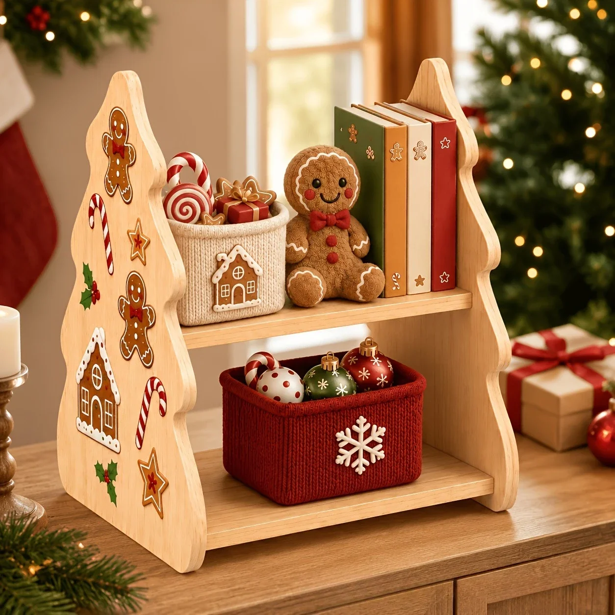 Christmas Home Tabletop Decor Wooden Tree Storage Shelf Gingerbread Man Sticker Organizer For Books Sundries Xmas Ornament